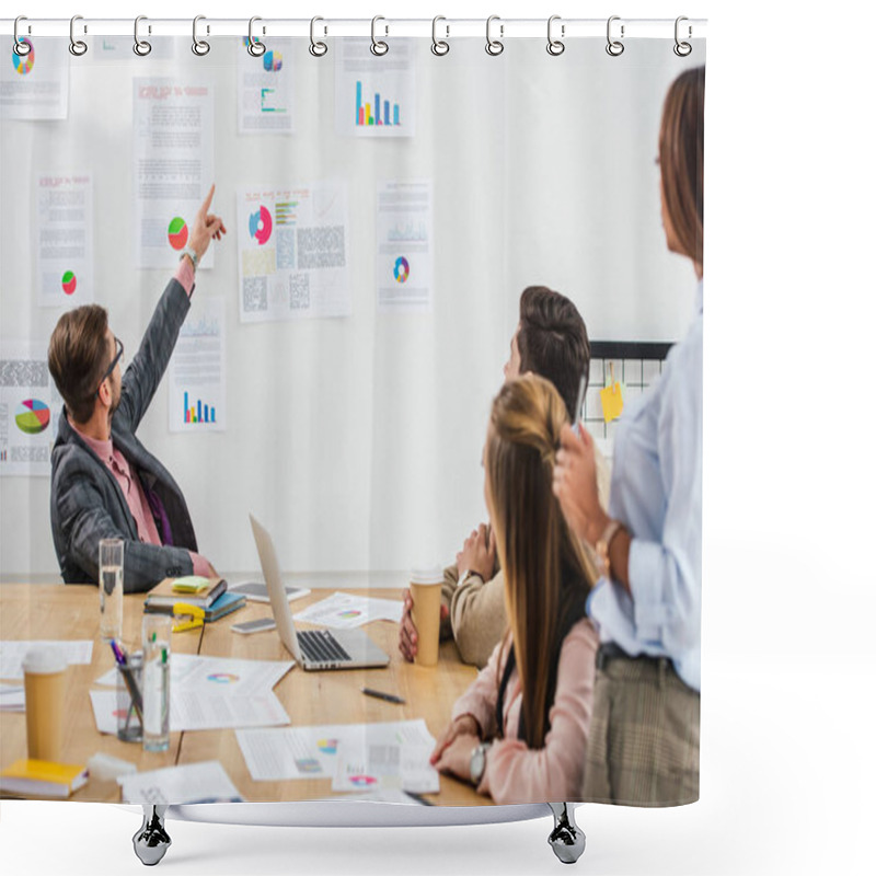 Personality  Businessman Pointing At White Board With Papers During Meeting With Multicultural Coworkers In Office Shower Curtains