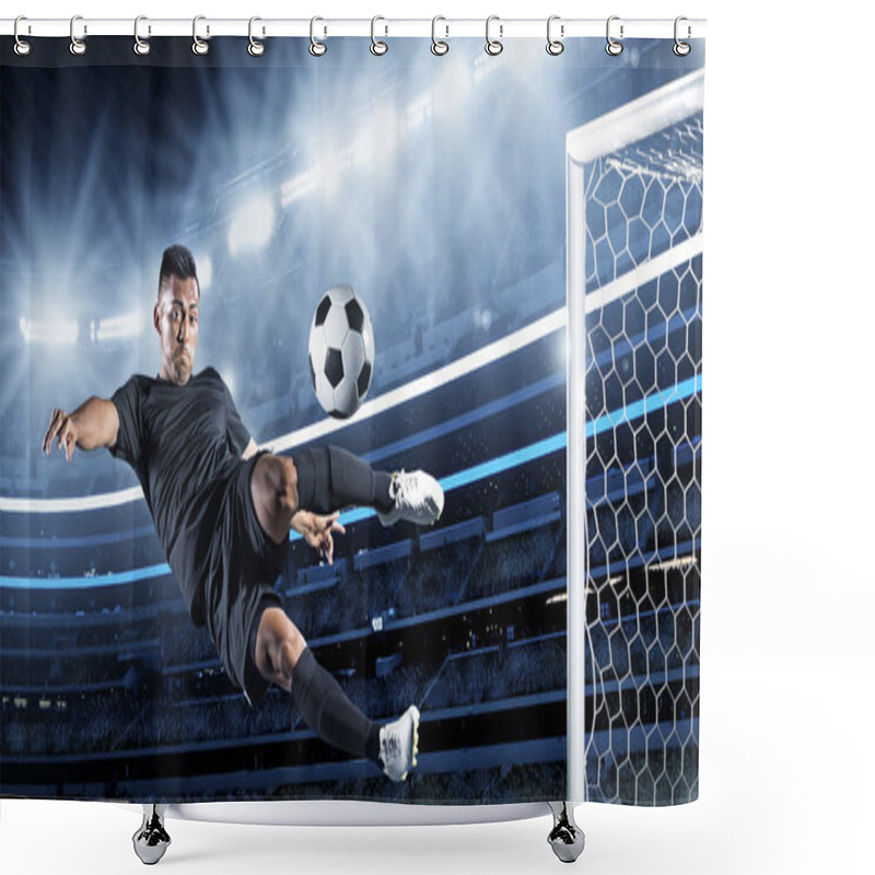 Personality  Hispanic Soccer Player Kicking The Ball Shower Curtains