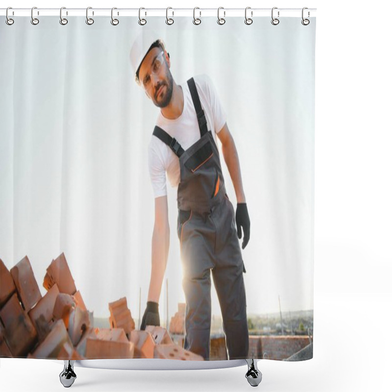 Personality  Construction Worker In Uniform And Safety Equipment Have Job On Building. Industrial Theme. Shower Curtains