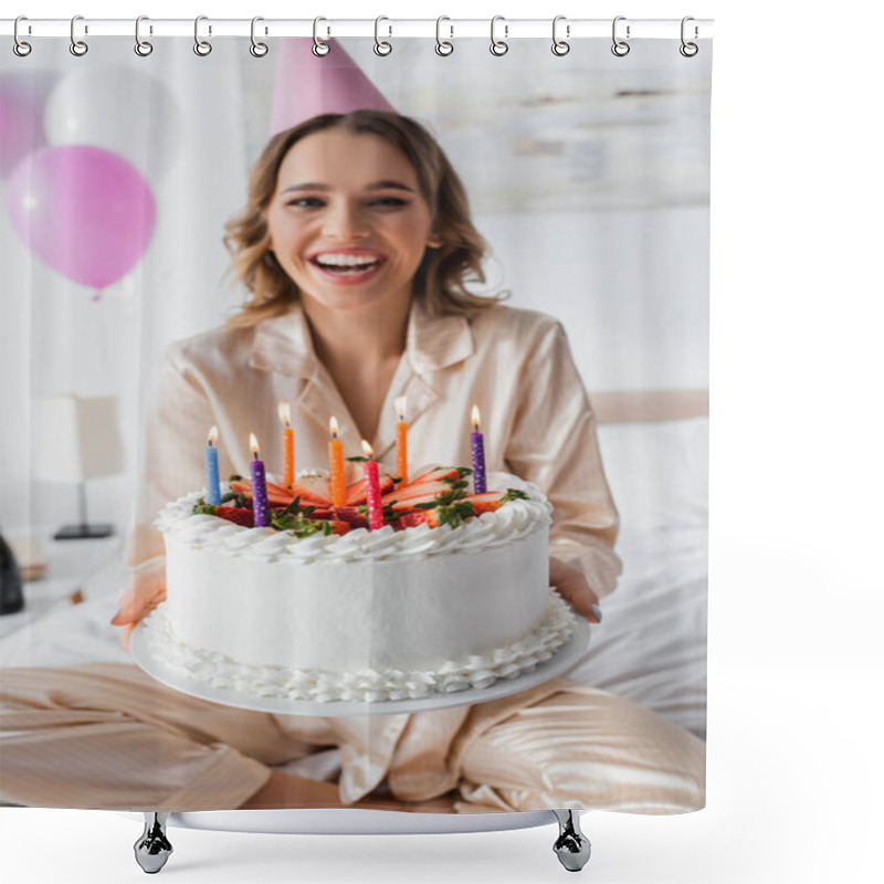 Personality  Birthday Cake With Candles In Hands Of Blurred Woman On Bed  Shower Curtains