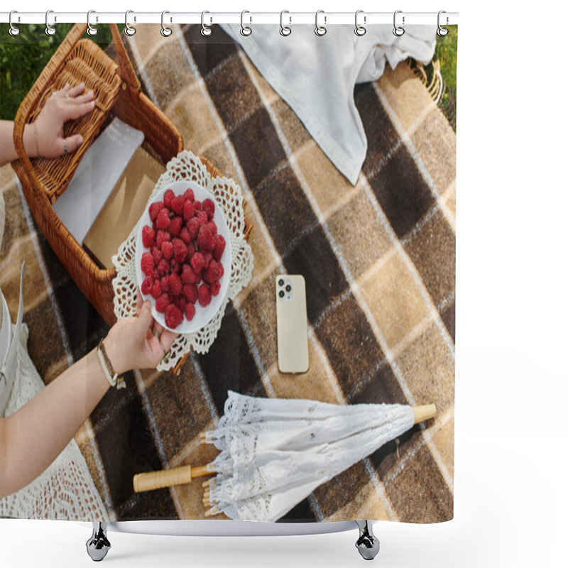 Personality  A Young Woman In A White Shirt Relaxes During A Summer Picnic, Savoring Fresh Raspberries On A Blanket. Shower Curtains