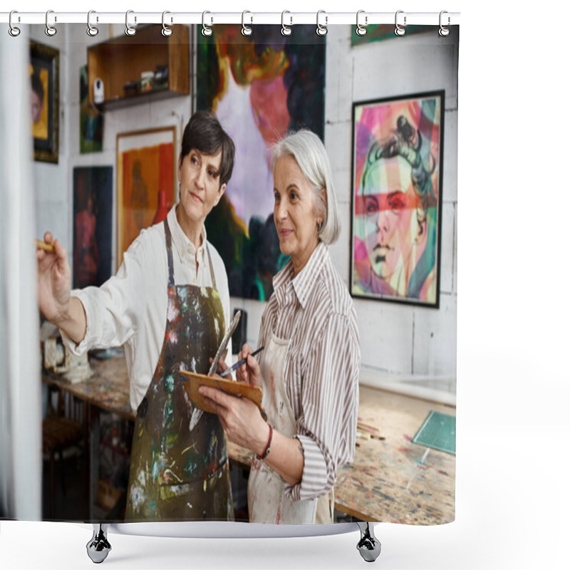 Personality  Two Woman Collaborating In An Art Studio. Shower Curtains