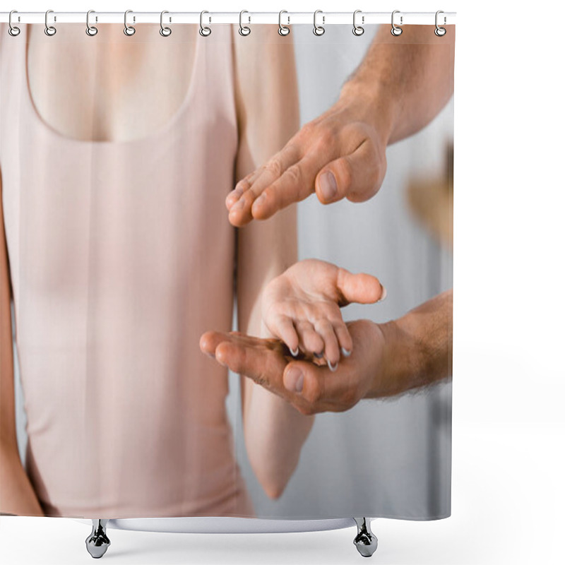 Personality  Partial View Of Woman And Healer Cleaning Her Aura Shower Curtains