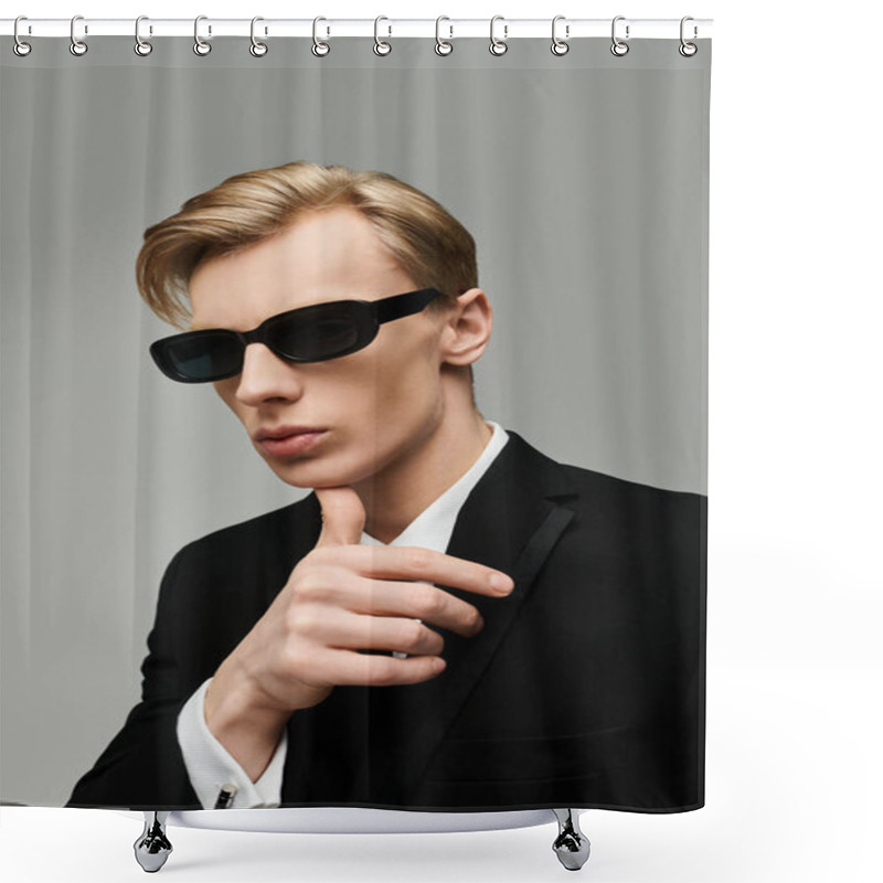 Personality  Confident Young Man Poses Elegantly In A Tailored Black Suit And Sunglasses, Exuding Charm. Shower Curtains