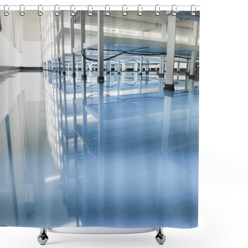 Personality  A Cable Under Rack Legs At Sea Blue Epoxy Floor. (Industrial Epoxy Floor) Shower Curtains