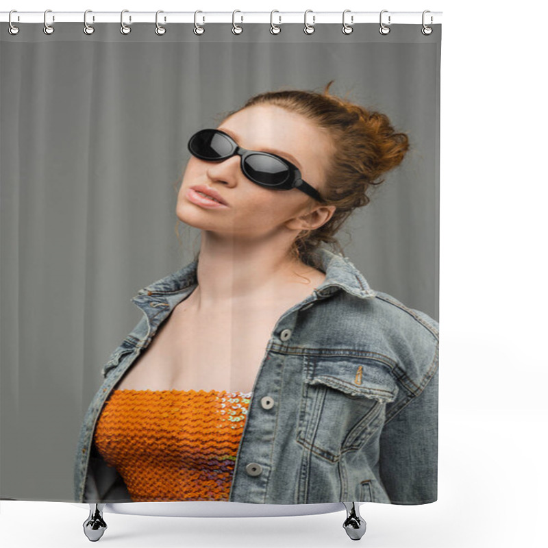 Personality  Confident And Stylish Young Redhead Woman In Sunglasses, Top With Sequins And Denim Jacket Standing And Posing Isolated On Grey Background, Trendy Sun Protection Concept, Fashion Model  Shower Curtains