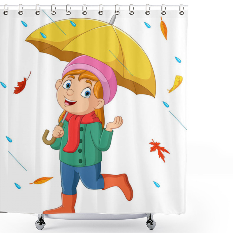 Personality  Vector Illustration Of Cartoon Little Girl Holding Umbrella In The Rain And Falling Autumn Leaves Shower Curtains