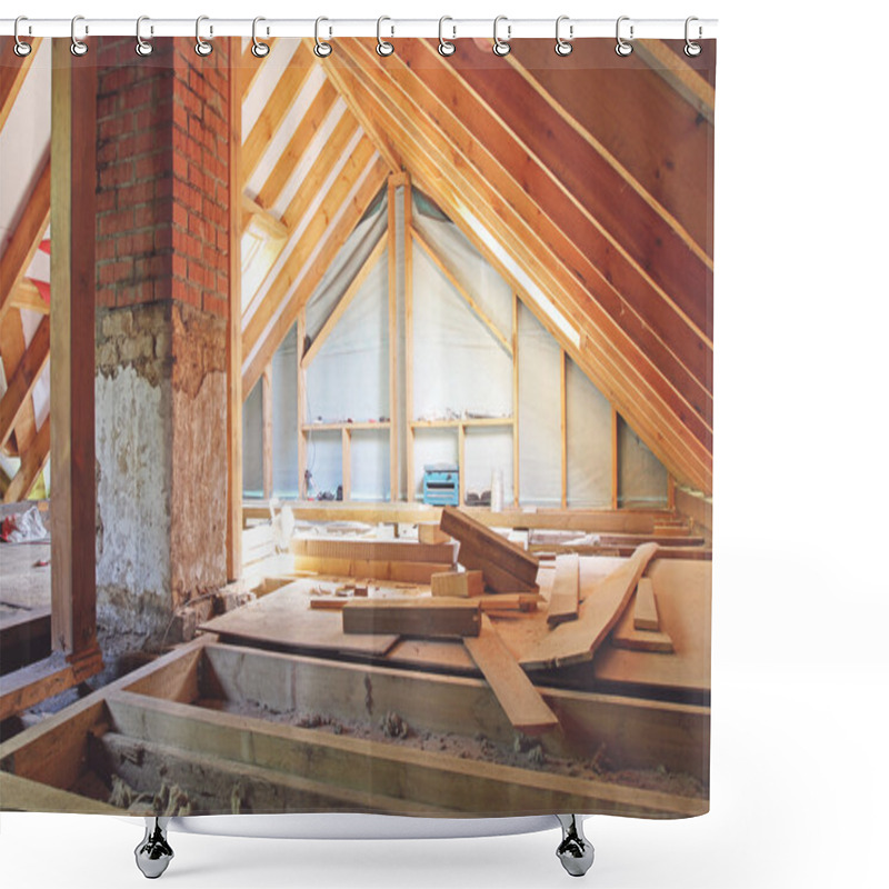 Personality  An Interior View Of A House Attic Under Construction Shower Curtains