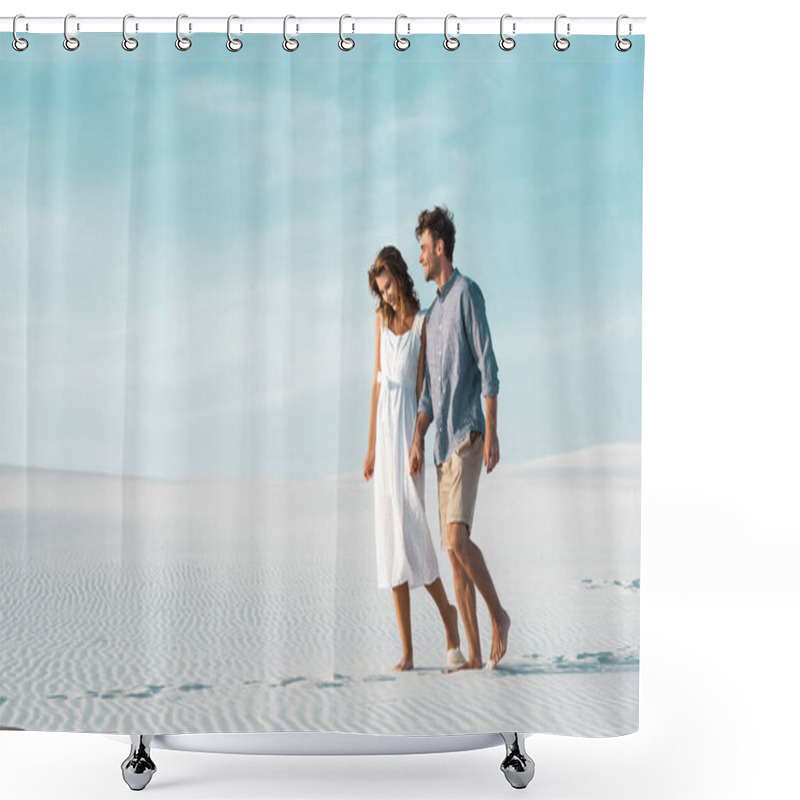 Personality  Young Couple Walking On Sandy Beach Against Blue Sky Shower Curtains