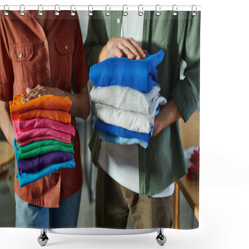 Personality  Cropped View Of Young Interracial Craftspeople Holding Clothes While Standing Next To Each Other And Working In Print Studio, Ambitious Young Entrepreneurs Concept  Shower Curtains