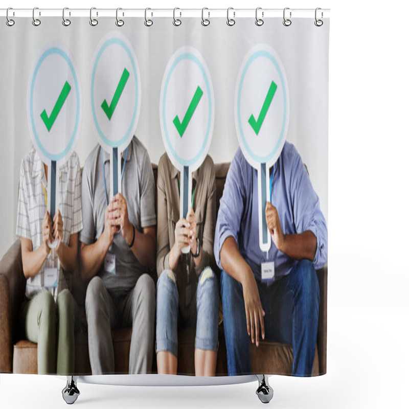 Personality  Group Of People Holding Check Icons, Approve Marks  Shower Curtains