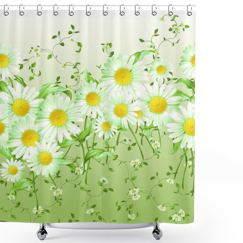 Personality  Horizontally Repeating Pattern Of Large And Small Daisies With Leaves And Stems On A White Green Background. Summer Garden With Chamomile Flowers Shower Curtains