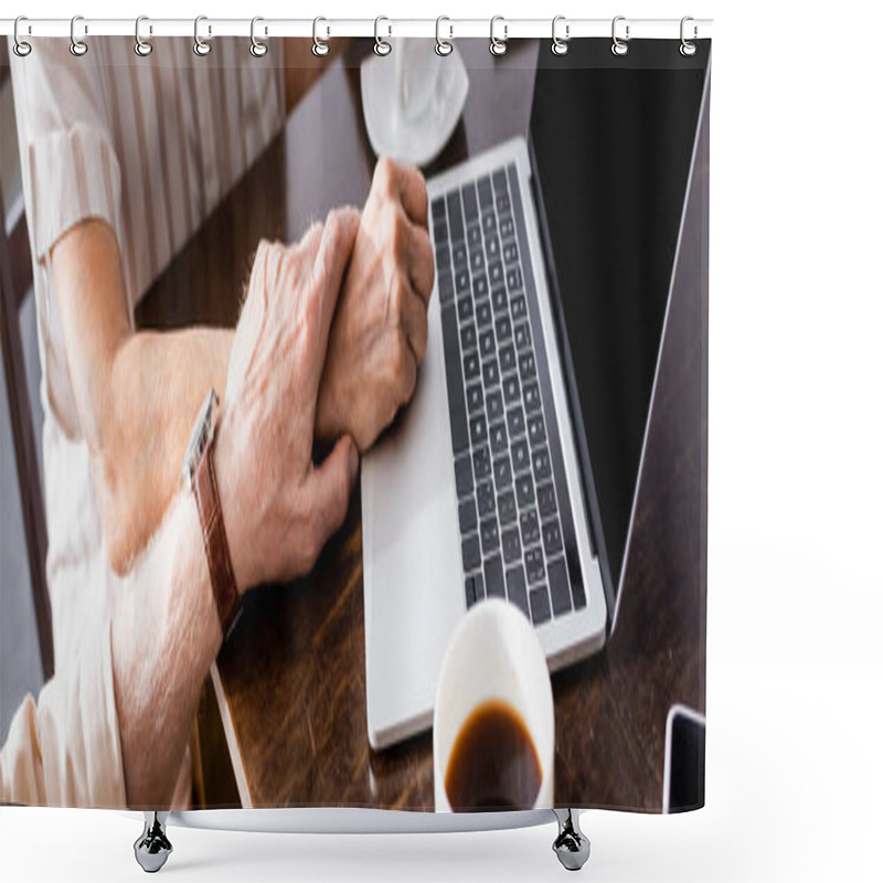 Personality  Panoramic Crop Of Senior Man Holding Hand Of Wife Near Gadgets And Coffee Cups On Table  Shower Curtains