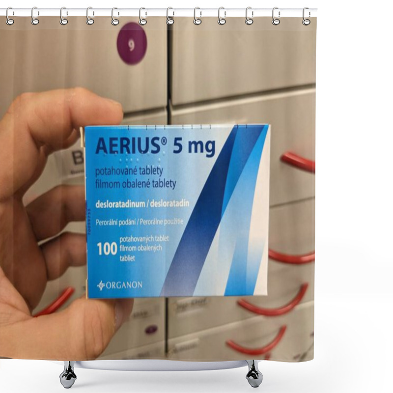 Personality  Prague,Czech Republic-October 9 2024:Aerius By MSD Contains DESLORATADINE Antihistamine Used To Relieve Symptoms Of Allergic Rhinitis, Hay Fever, And Chronic Urticaria, Supporting Allergy Management Shower Curtains