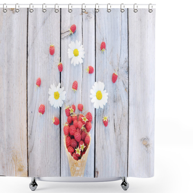 Personality  Ripe Fresh Raspberries And White Chamomile Flowers In Ice Cream Cone On Rustic Wooden Background. Stylish Flat Lay. Minimal Concept. Shower Curtains