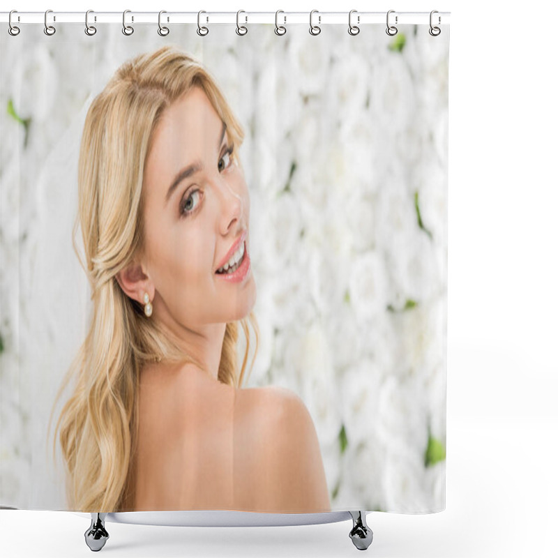 Personality  Beautiful Nude Girl With Blonde Hair Posing At Camera On White Floral Background Shower Curtains