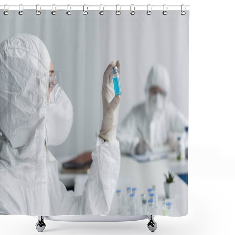 Personality  Scientist Looking At Jar With Vaccine Near Colleague On Blurred Background  Shower Curtains