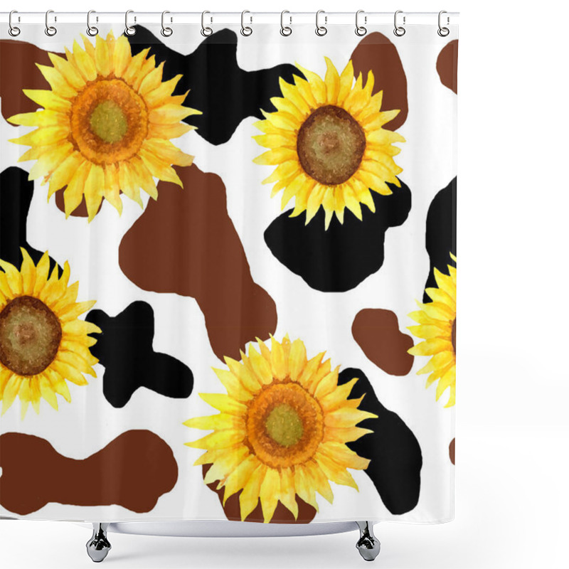 Personality  Watercolor Hand Drawn Seamless Cow Print Fabric Pattern, Yellow Sunflower Floral Black White Colors. Cowboy Cow Girl Western Background Illustration Design, Milk Organic Animal Skin Farm Wallpaper. Shower Curtains