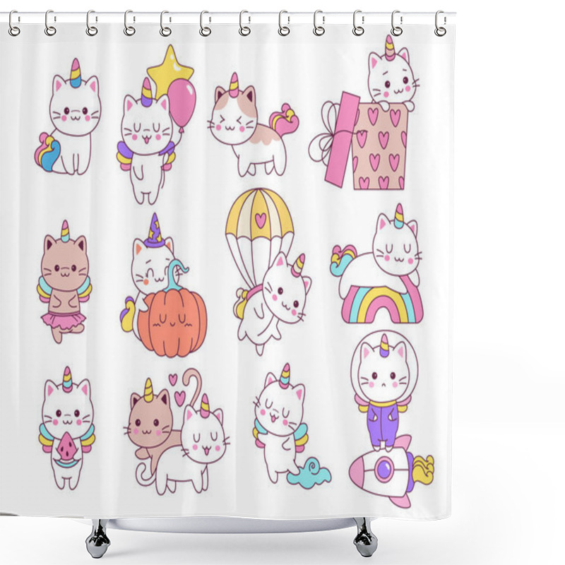 Personality  Cute Unicorn Cats Animal Fantasy Characters Girly Doodles For Birthday Party, Halloween, Baby Shower Greeting Card. Fairytale Baby Pet Happy Kitten Mascot With Single Horn Vector Illustration Shower Curtains