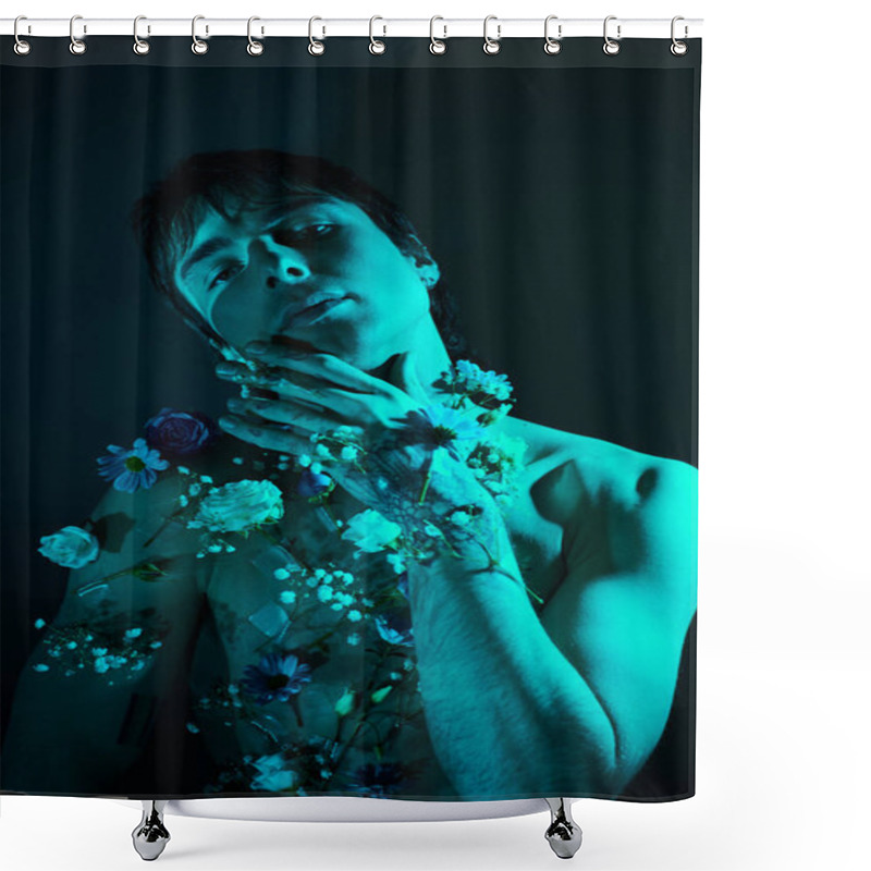 Personality  A Young Man Stands Shirtless With A Garland Of Flowers Around His Neck In A Studio Shower Curtains