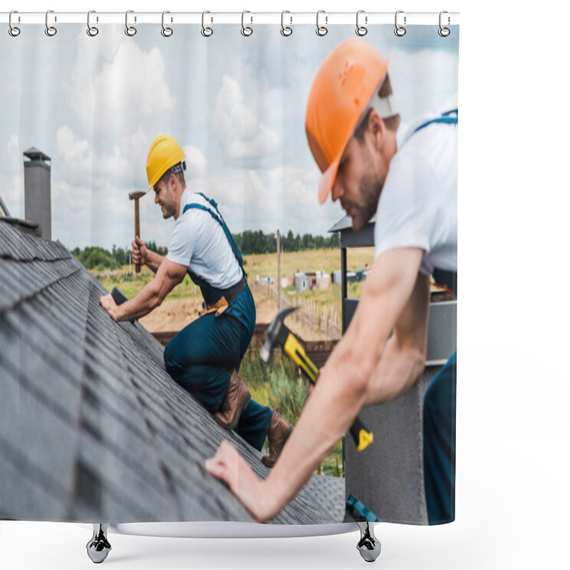 Personality  Selective Focus Of Handsome Handyman Repairing Roof With Colleague  Shower Curtains