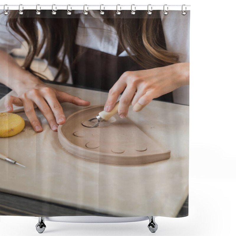 Personality  Woman Working With Clay With Her Hands And Loop Cutting Tool Close Up At A Pottery Workshop. Shower Curtains