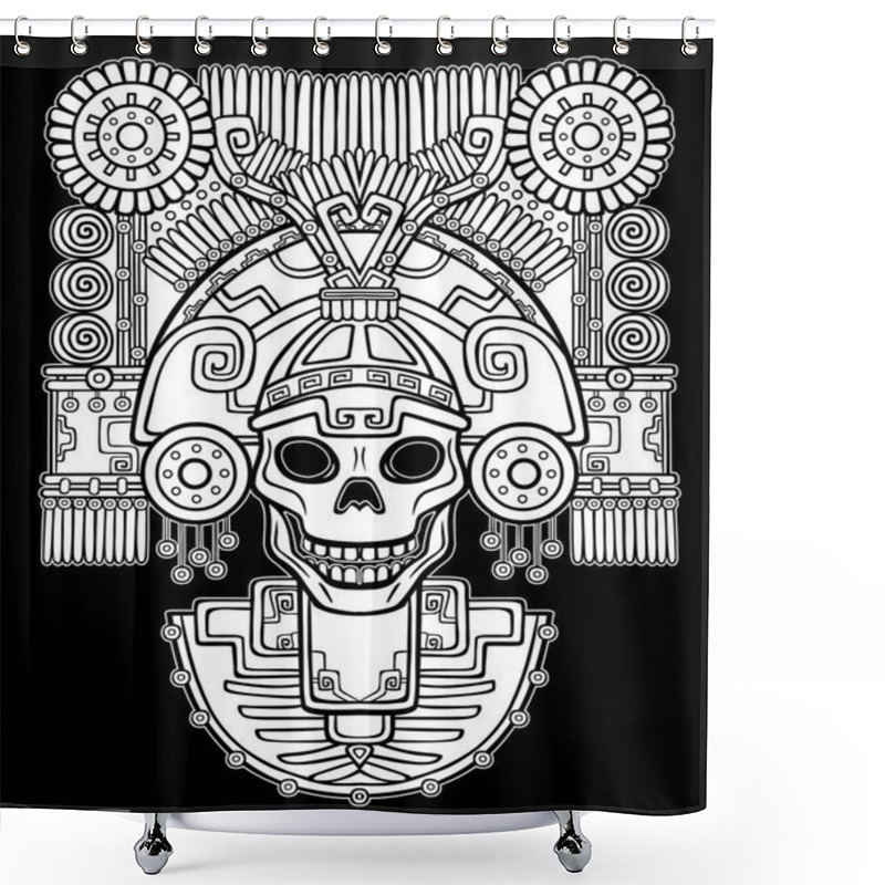 Personality  Stylized Skull. Pagan God Of Death. Motives Of Art Native American Indian. Vector Illustration: The White Silhouette Isolated On A Black Background. Ethnic Design, Boho Chic. Print, Posters, T-shirt. Shower Curtains