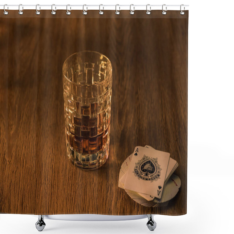 Personality  KYIV, UKRAINE - NOVEMBER 7, 2019: Glass Of Brandy With Playing Cards On Wooden Table Shower Curtains