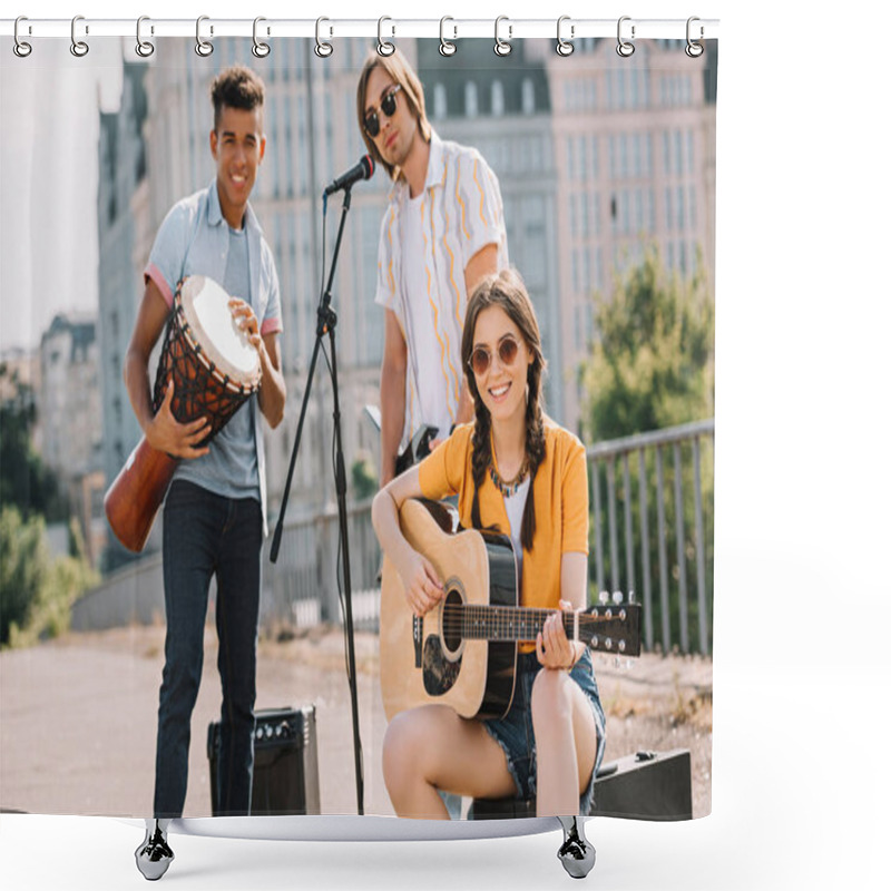 Personality  Multiracial Young People Performing On Guitars And Djembe On Street Shower Curtains