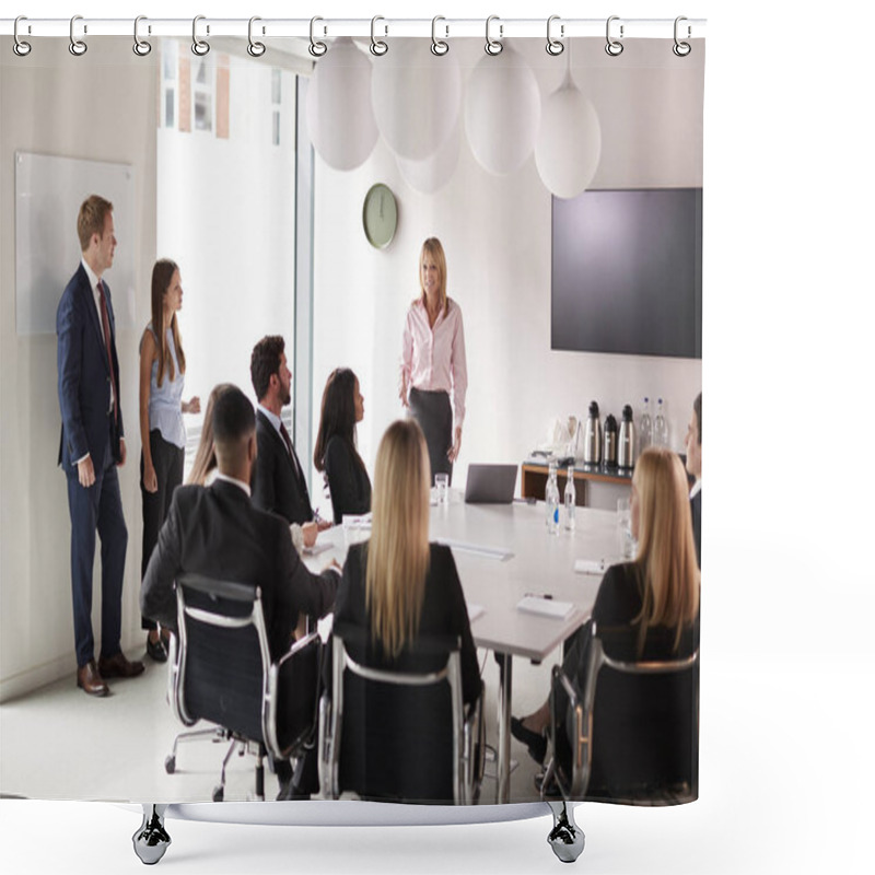 Personality  Mature Businesswoman Addressing Group Meeting Around Table At Graduate Recruitment Assessment Day Shower Curtains