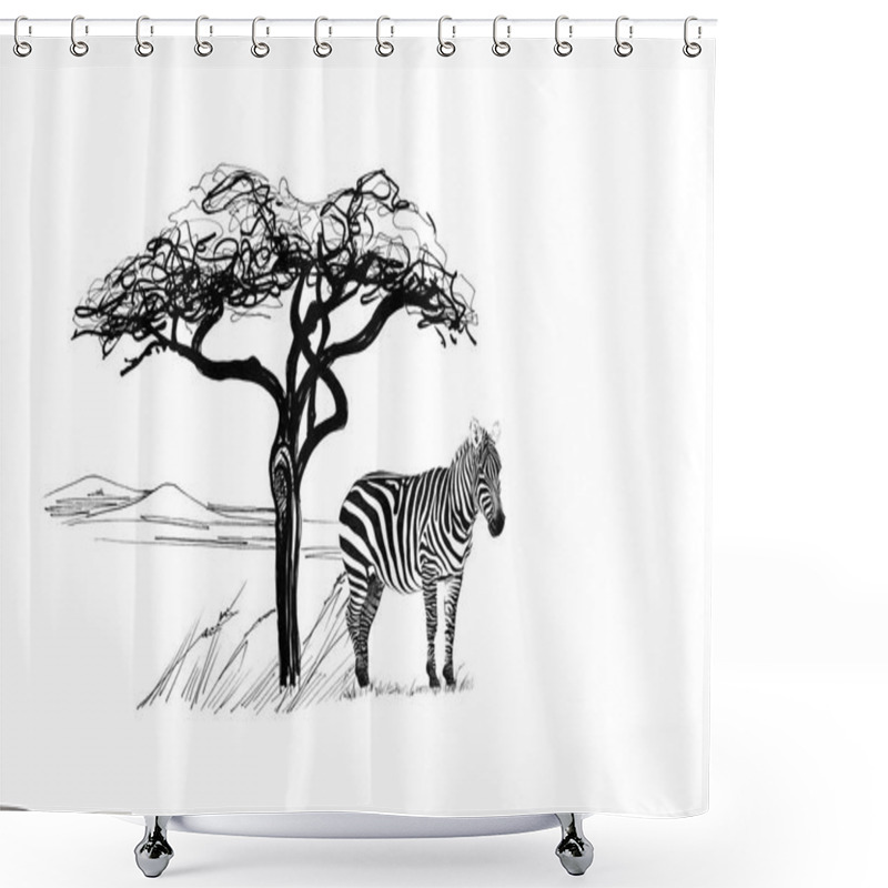 Personality  Zebra Near A Tree In Africa. Hand Drawn Illustration. Collection Of Hand Drawn Illustrations (originals, No Tracing) Shower Curtains