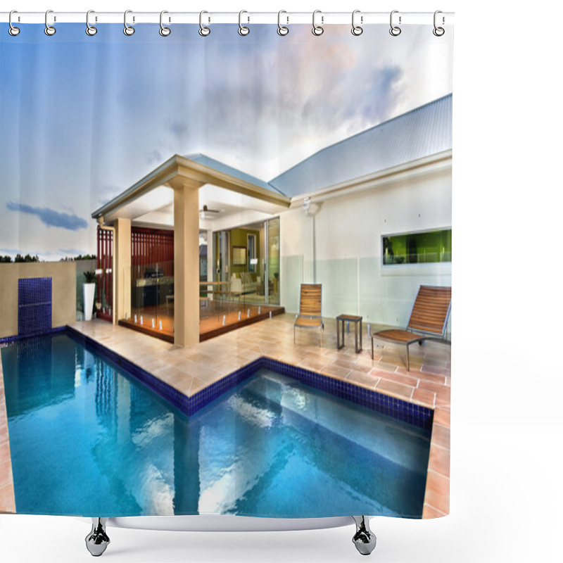 Personality  Luxury Hotel With Blue Water Swimming Pool Shower Curtains