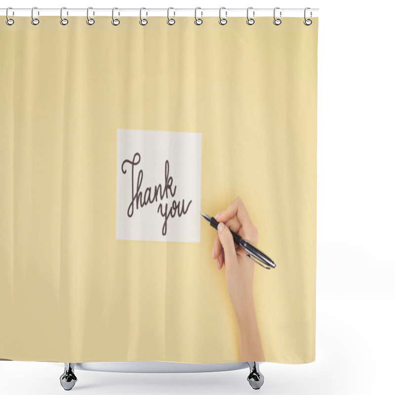 Personality  Cropped Person Holding Pen And White Postcard With Thank You Lettering Isolated On Yellow Background Shower Curtains