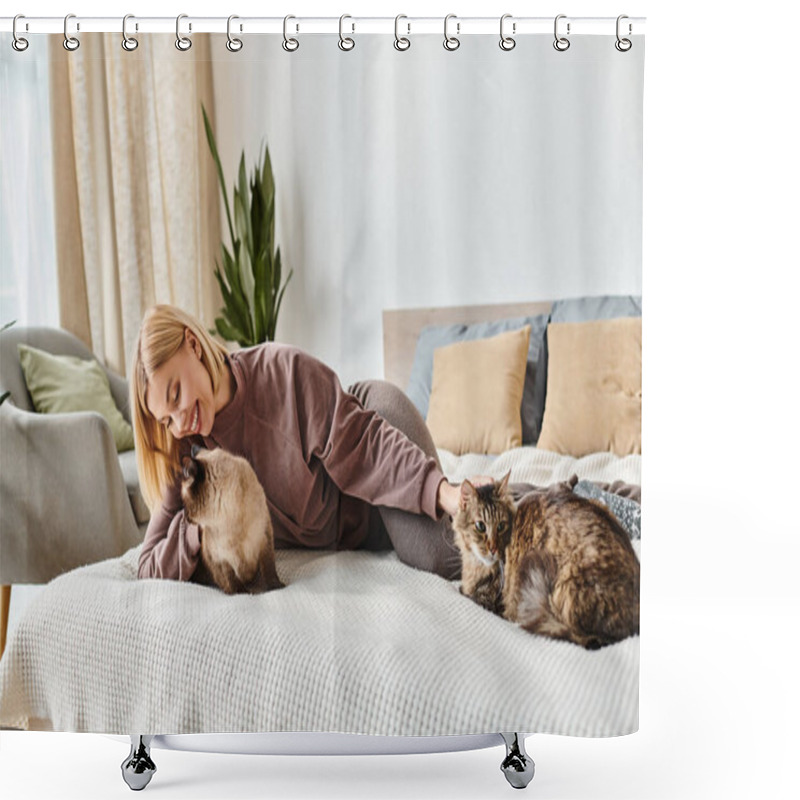 Personality  A Serene Scene Of A Woman With Short Hair Relaxing On A Bed Alongside Her Two Playful Cats. Shower Curtains