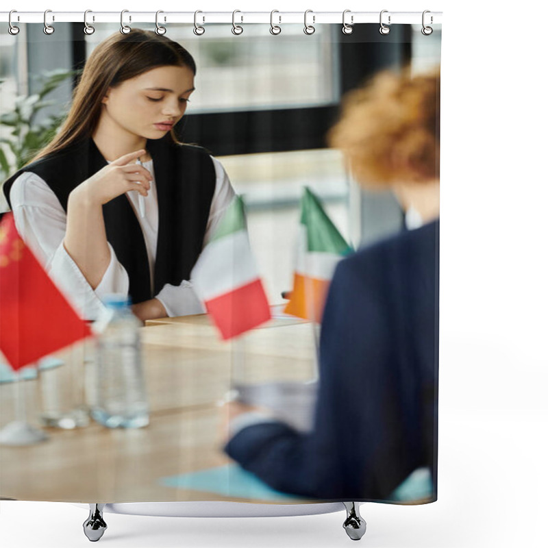 Personality  Teenager Participates In A Model UN Conference, Focused Intently On The Discussion. Shower Curtains