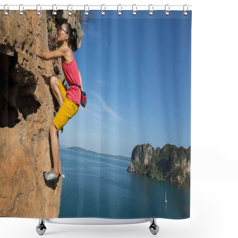 Personality  Female Rock Climber Climbing On Seaside Cliff Shower Curtains