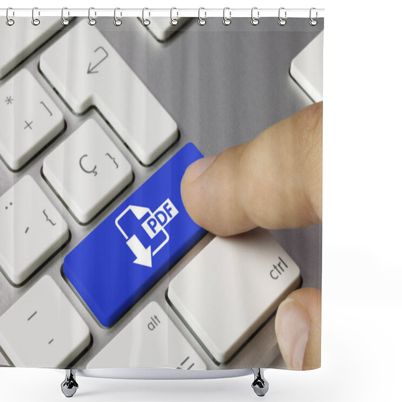 Personality  Download PDF Written On Blue Key Of Metallic Keyboard. Finger Pressing Key. Shower Curtains