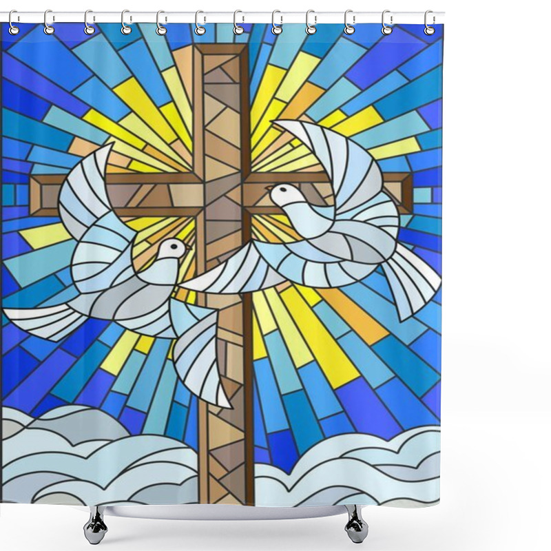 Personality  Illustration With A Cross And A Pair Of White Doves In The Stained Glass Style Shower Curtains