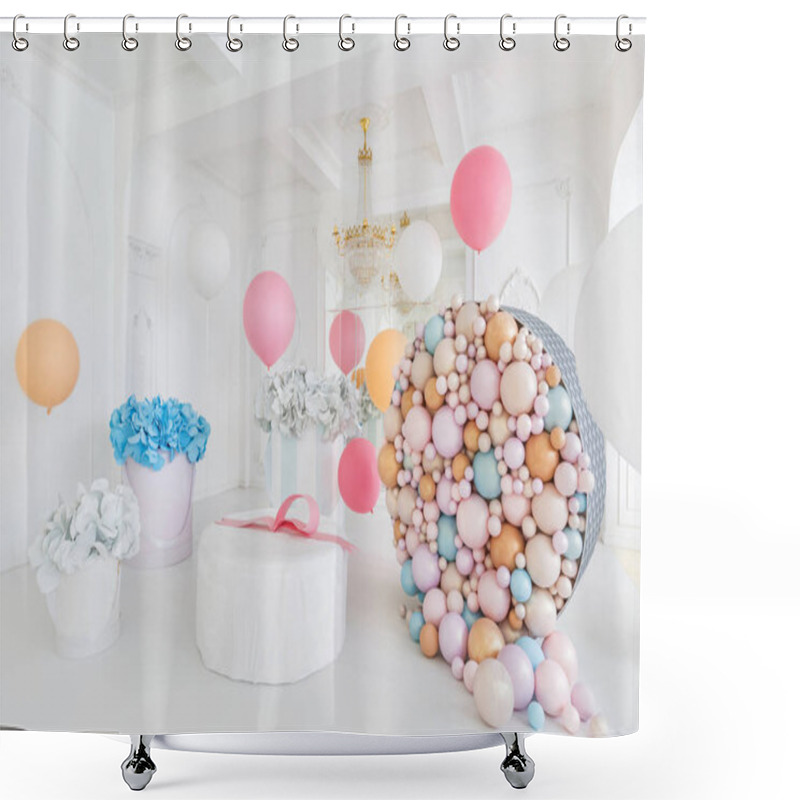 Personality  Boxes With Flowers And A Large Pudrinitsa With Balls And Balloons In Room Decorated For Birthday Party. Shower Curtains