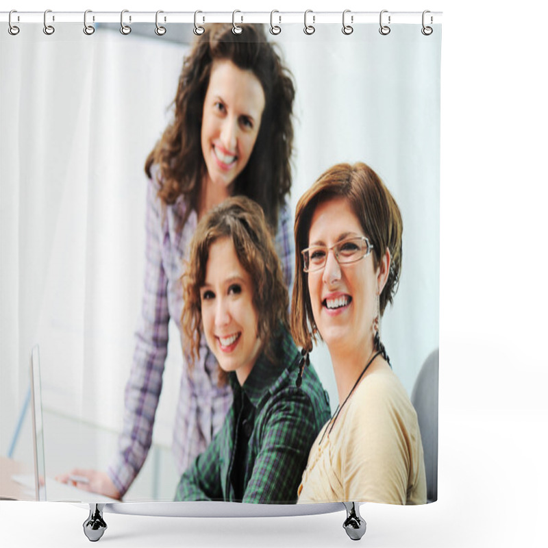 Personality  While Meeting, Group Of Young Women Working Together On The Table Shower Curtains