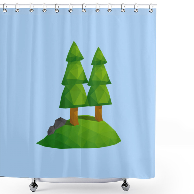 Personality  Pine Tree And Stone On Green Hill Forest. Outdoor Nature Scene Landscape In Vector Low Poly Illustration Shower Curtains