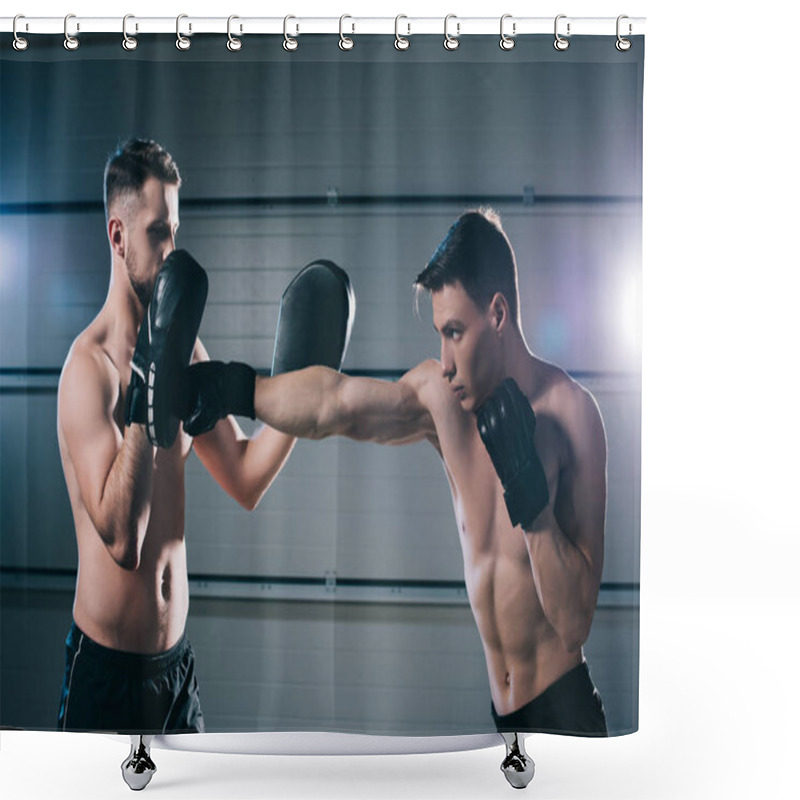 Personality  Athletic Muscular Shirtless Mma Fighter Practicing Punch With Another Sportsman During Training Shower Curtains