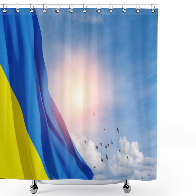 Personality  Ukraine Flag On The Blue Sky With The Sun And Flying Birds. Close Up Waving Flag Of Ukraine With Place For Your Text. Flag Symbols Of Ukraine. 3d Rendering. Shower Curtains