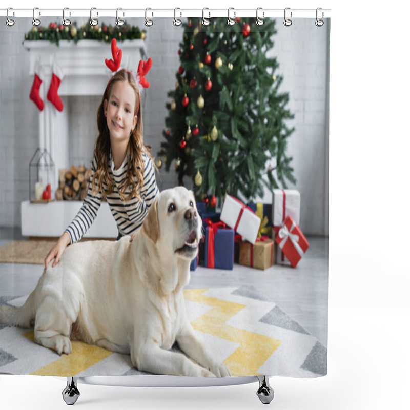 Personality  Girl With Christmas Headband Looking At Camera Near Labrador In Living Room  Shower Curtains