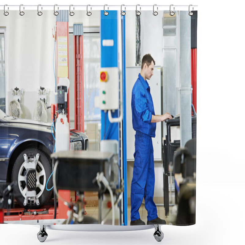 Personality  Car Mechanic At Wheel Alignment With Computer Shower Curtains