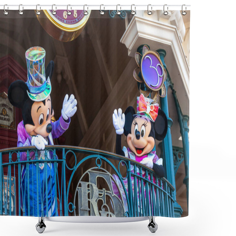 Personality  Paris, France - June 02, 2023: On The Occasion Of The 30th Anniversary The Most Famous Disney Characters Greet Tourists At The Entrance. Shower Curtains