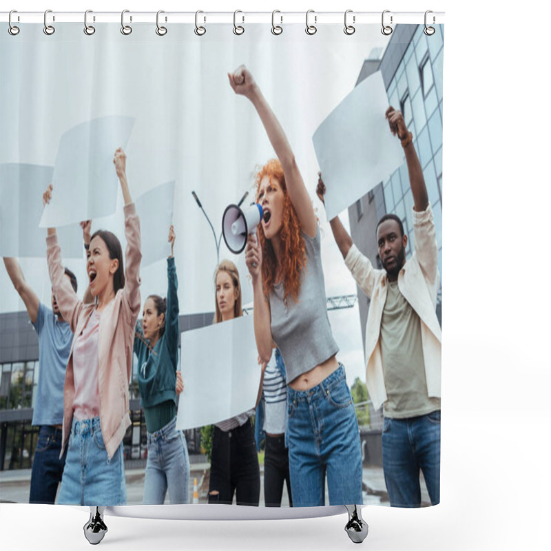 Personality  Emotional Redhead Woman Screaming In Megaphone Near Multicultural People  Shower Curtains