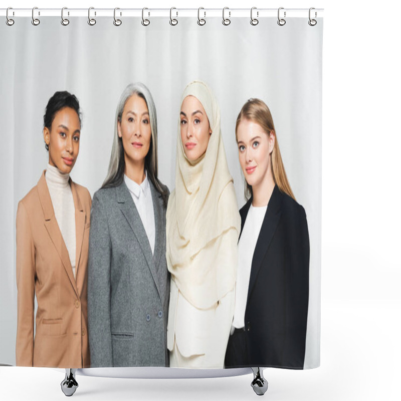 Personality  Beautiful Multicultural Businesswomen Looking At Camera Isolated On White  Shower Curtains