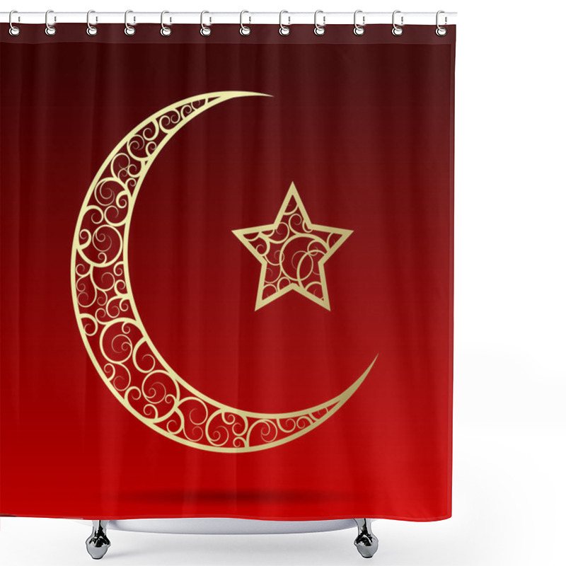 Personality  Crescent Gold Moon With Star Isolated On Dark Red Background Shower Curtains