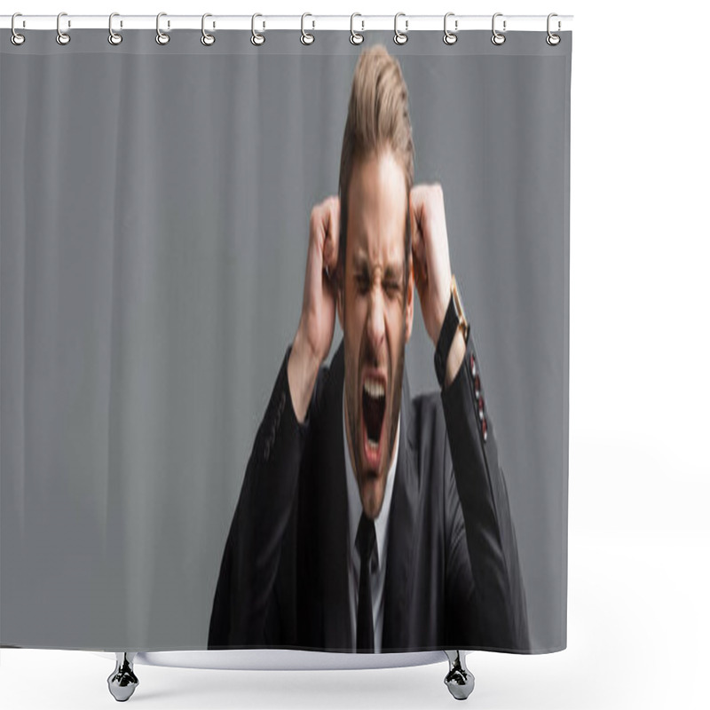 Personality  Aggressive Businessman Shouting With Clenched Fists Isolated On Grey, Banner Shower Curtains